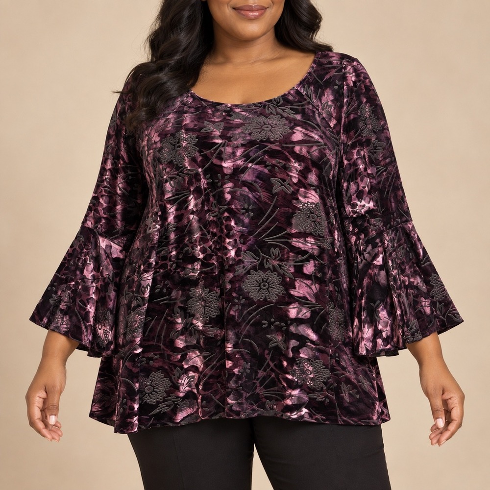 X3 230 Investments Purple Burnout Velvet Floral Bell Sleeve Plus Size Tunic Top